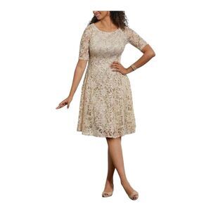 Midnight Velvet Lace Sequin Beige Cocktail Party Wedding Guest Knee Length Dress